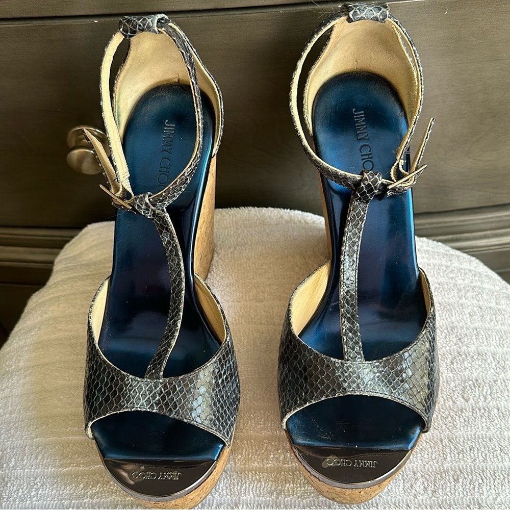 Jimmy Choo Metallic Snake-Print T-Strap Platform Sandals - Metallic
